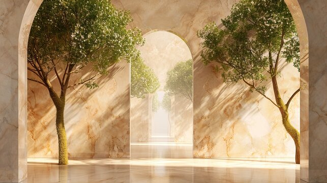 Bright marble corridor with archways and trees framing a sunlit courtyard gateway
