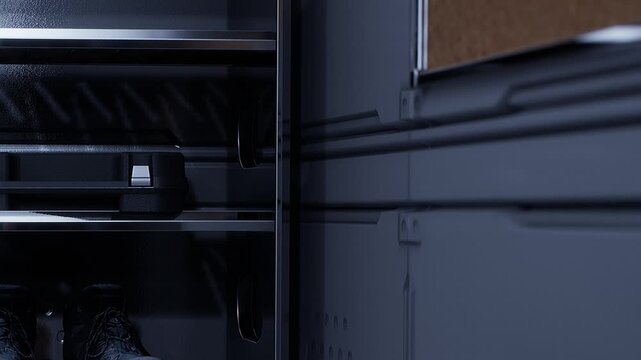 A garage or workshop is shown with shelves holding tools and a pair of work boots on the ground. The space is organized for easy access to gear and equipment on a workday.