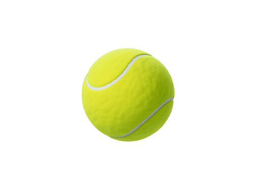 Bright green tennis ball with white curved seam lines on a plain background