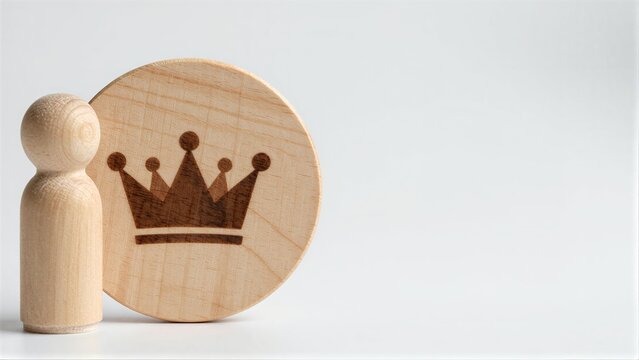 Wooden figure stands beside a circular plaque with a carved crown symbol.
