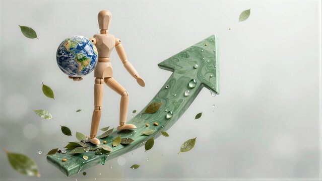 Wooden figure carries globe, walking upward green arrow with leaves and droplets.