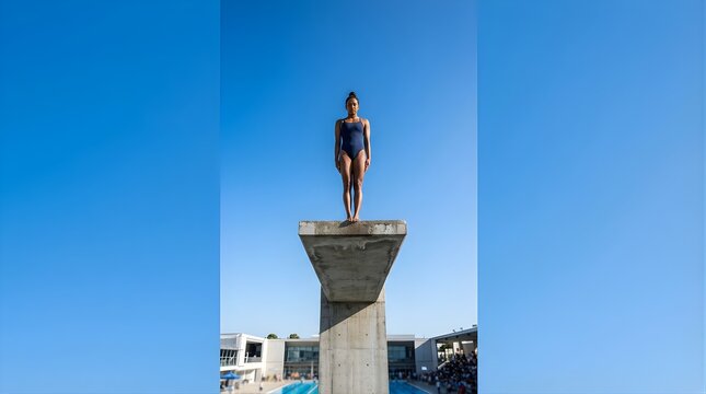 Female athlete standing on a high diving board at a sunny outdoor pool