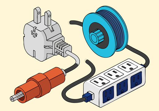 Assorted electrical plugs and power strip illustration