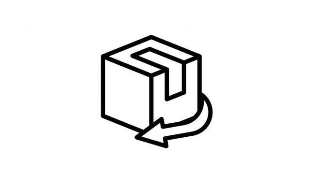 Minimalist cardboard shipping box with return arrow loop motion graphic for e-commerce refund concept
