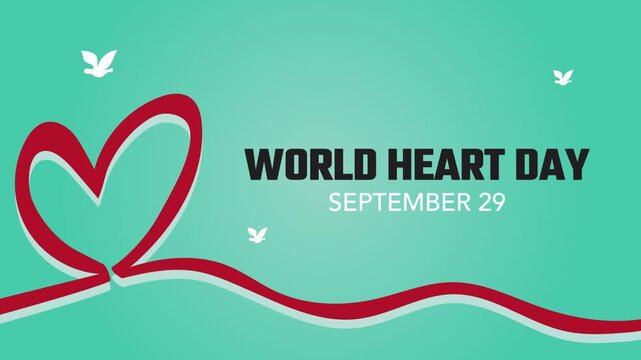 World Heart Day Banner with Red Ribbon Heart and White Doves Footage Looping Animation