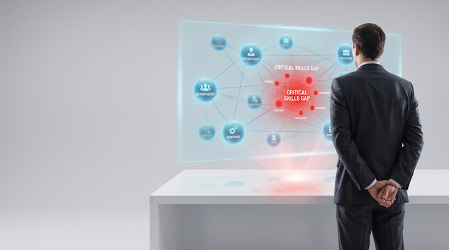 Businessman analyzing microlearning analytics data on a futuristic transparent holographic screen interface showing digital network nodes and performance metrics in a modern office setting.