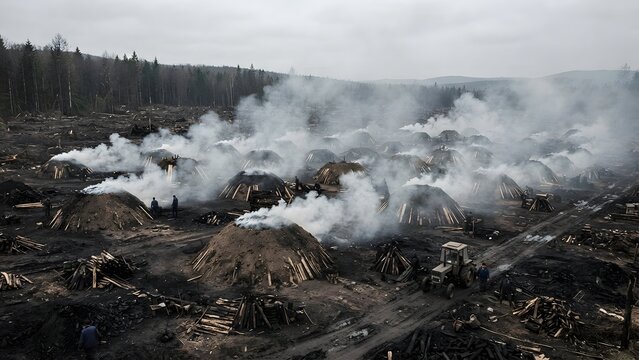 Charcoal production mounds with smoke rising in a deforested area with a tractor and workers.