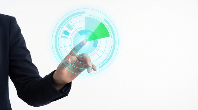 Business professional interacting with a futuristic digital interface displaying microlearning analytics data visualization on a clean white background for corporate training metrics.