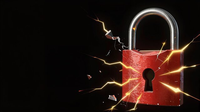 Red padlock shatters with electric sparks, symbolizing security breach or power surge.