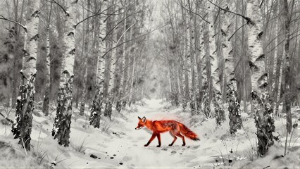 Naklejka premium Red fox wanders snowy birch forest path, serene winter landscape.
