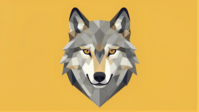 Geometric wolf face with sharp eyes, set against a warm yellow background.