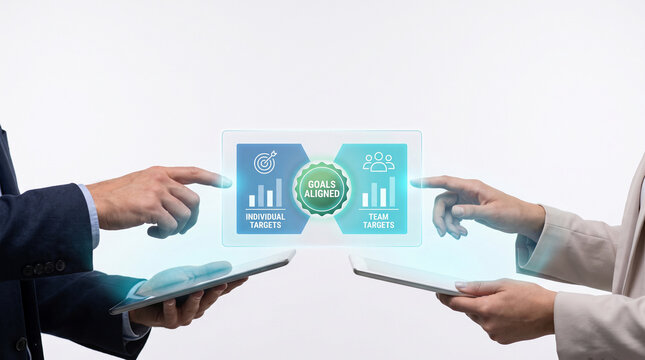 Business professionals analyzing microlearning analytics data on digital tablet screens and virtual interface showing educational progress charts and corporate training statistics system.