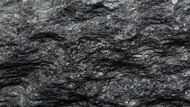 Close-up texture of a dark grey, layered metamorphic rock with visible mineral grains and rough surfaces.