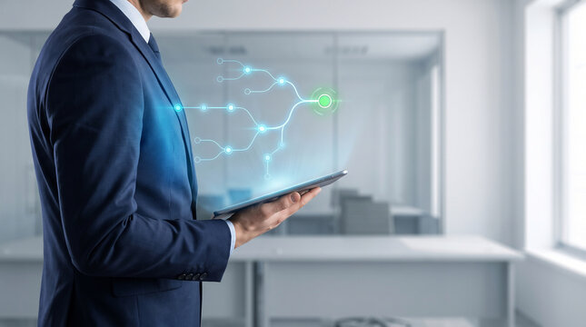 Professional businessman using a digital tablet to analyze microlearning analytics data with a futuristic holographic network interface in a modern office environment for corporate training.