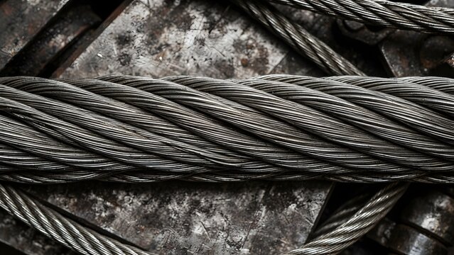 Thick steel wire rope tightly wound and layered on weathered metal surfaces