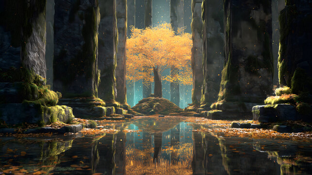 Autumn Mysterious Forest Temple