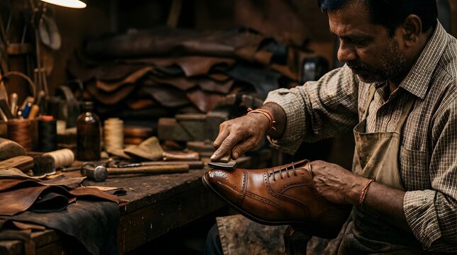 Skilled shoemaker polishing a leather shoe in a traditional workshop