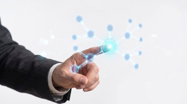 Businessman pointing at digital network interface representing microlearning analytics and data visualization for modern corporate training and educational technology solutions online.