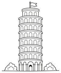 Torre pendente di Pisa in Italia, contorno disegnato a mano, illustrazione Line Art, doodle art, pagina da colorare per bambini