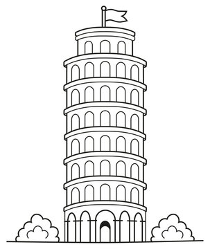 Torre pendente di Pisa in Italia, contorno disegnato a mano, illustrazione Line Art, doodle art, pagina da colorare per bambini