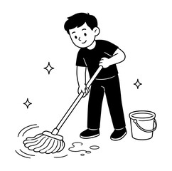 Young boy happily mopping the floor with a bucket nearby