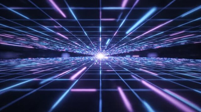 Abstract digital grid with glowing blue and purple light streaks creating a sense of speed and data flow in a dark virtual space