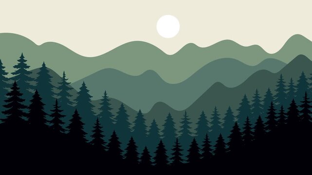 Minimal Green Pine Forest and Layered Mountain Landscape Flat Animation Background