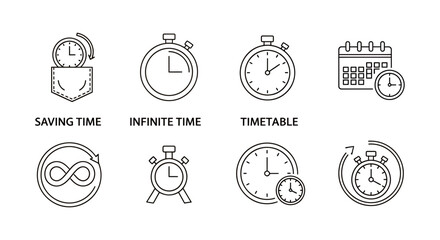 Fototapeta premium Collection of Stopwatch and Clock Icon Set for Timekeeping and Timers, Flat Line Art.