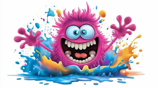 Playful pink monster erupts from colorful water, radiating joy and cheerfulness
