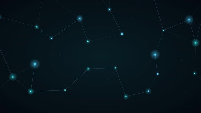 Futuristic cyan plexus mesh with interconnected glowing nodes and floating specks on dark blue background