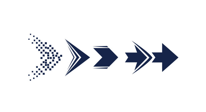 Dynamic sequence of blue arrows fading from dots to solid chevrons, abstract graphic design motif.