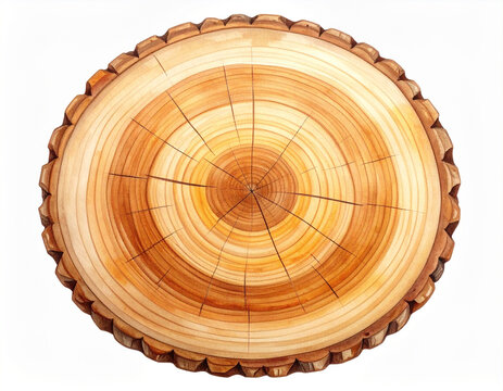 年輪のイラスト 木目の断面の背景素材 白背景/Cross section of a tree trunk showing growth rings illustration on a white background