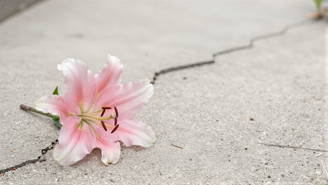 Pink lily lies beside cracked pavement, symbolizing fragility and resilience.