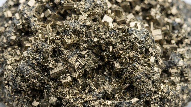 A close-up macro shot of a large, glittering pyrite mineral specimen with cubic crystal structures.