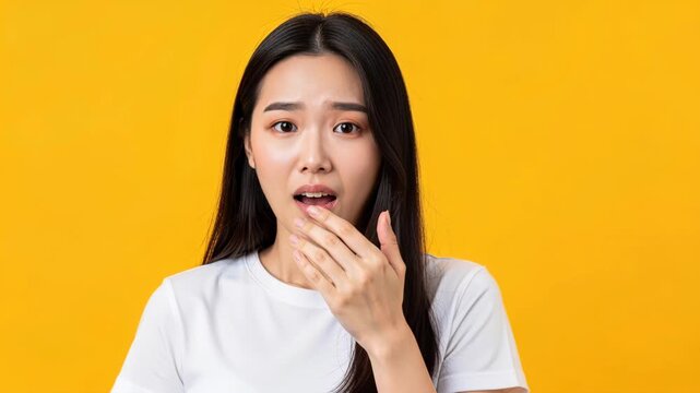 Shocked Expression: A young woman's face expresses shock and disbelief as she covers her mouth with her hand against a vibrant yellow background, highlighting her emotional reaction.