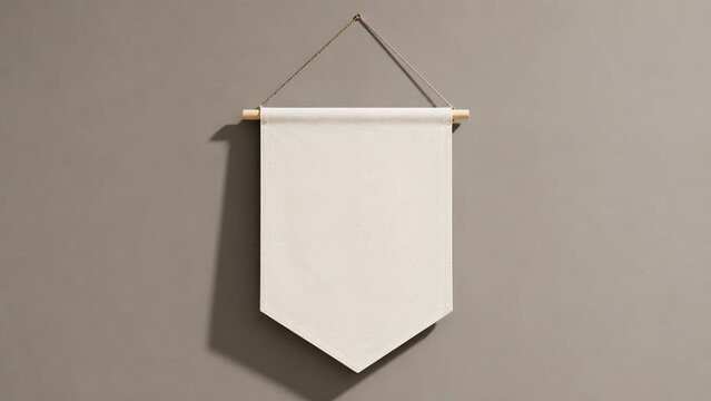 Blank white fabric banner hanging on wooden dowel against gray wall. Minimalist interior decor mockup. Scrolled textile pennant with rope. Ideal for branding.