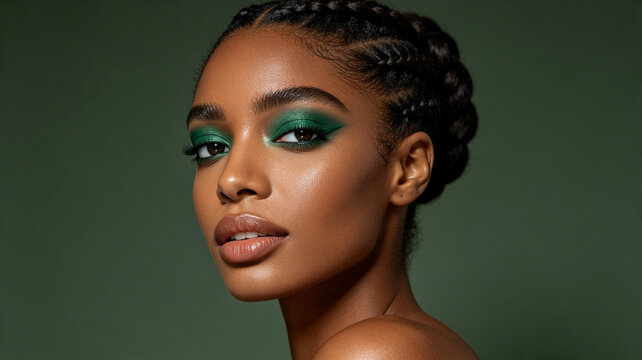 Portrait of a Black woman with vibrant green eyeshadow and a braided updo, looking at the camera against a deep green backdrop.