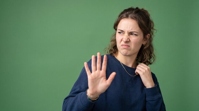 Woman disgusted by something, holding up hand in rejection