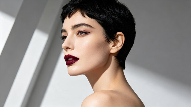 Close-up portrait of a woman with short black hair, bold dark red lipstick, and sharp eyeliner against a minimalist geometric background.