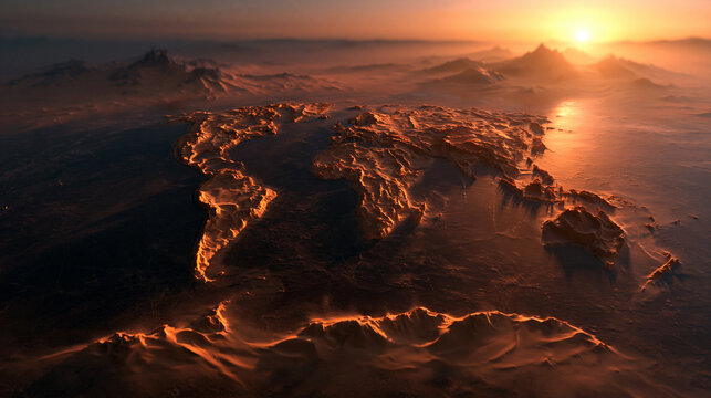 Relief World Map in Arid Mountainous Desert at Sunset