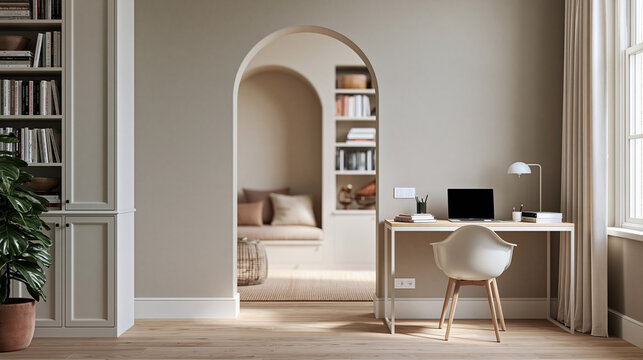 Modern Home Office Interior with Desk Laptop and Arched Doorway