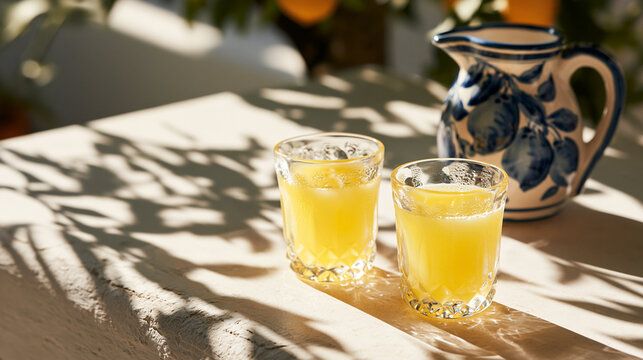Chilled Limoncello Liqueur in Glasses on Sunny Terrace Table
