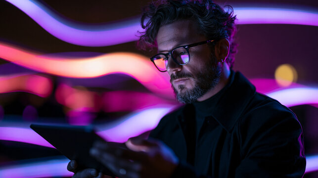 Focused Professional Man Using Digital Tablet with Futuristic Neon Lights