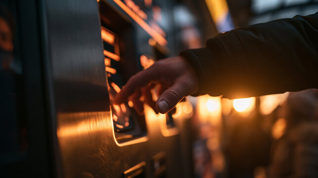 Passenger Using Touchscreen Ticket Machine at Transit Station
