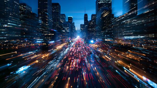 Fast Motion Traffic and City Lights at Night