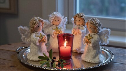 Fototapeta premium Four knitted angels hold stars around a glowing candle on a silver tray.
