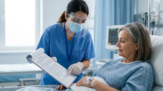 Patient Consent Form Verification: Anesthesiologist double-checking the patient's consent form signature before administering sedation