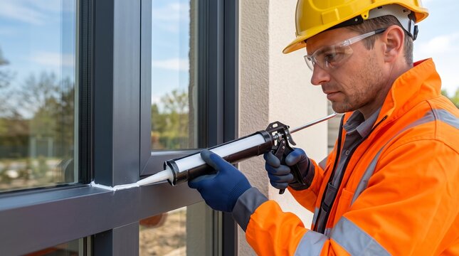 Male construction worker applying sealant around a window frame with a caulking gun. Building maintenance, insulation, waterproofing, and professional renovation concept.