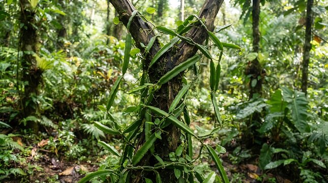 Flame-cissus quadrangularis vine climbing and wrapping around a tree trunk in a lush green tropical jungle forest ecosystem environment with natural daylight