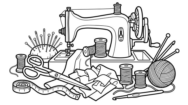 Sewing machine, threads, needles, scissors, measuring tape, yarn ball, and crochet hook. Flat design vector illustration.